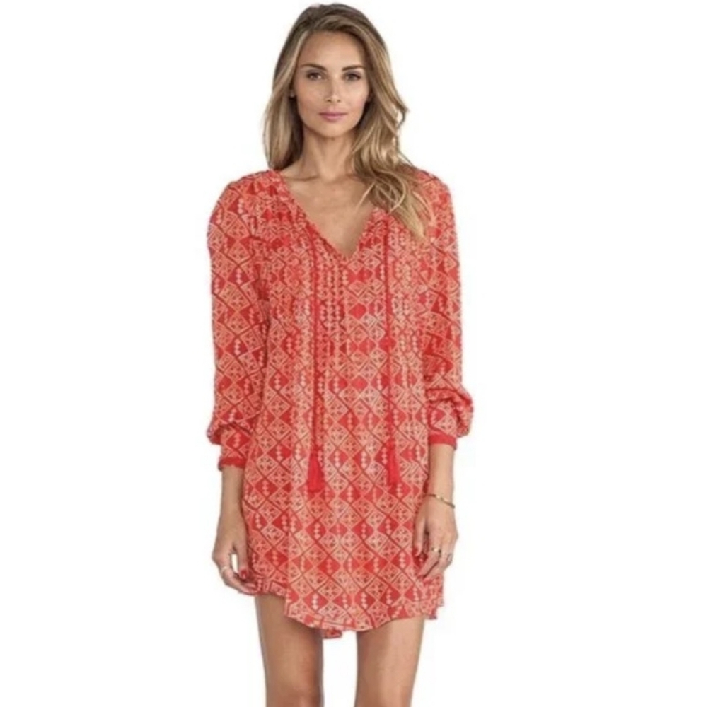Free People Red Patterned Long Sleeve Dress